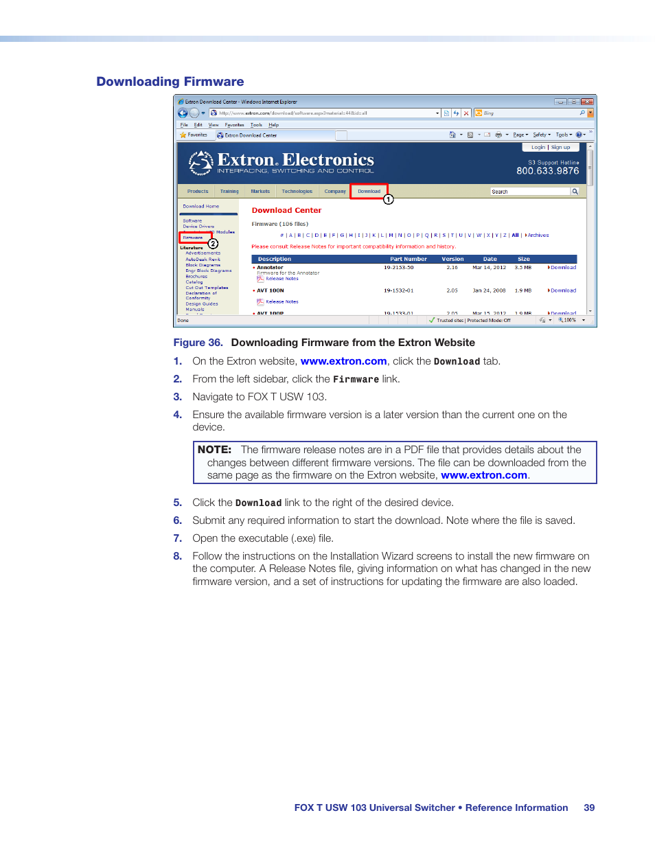 Downloading firmware | Extron Electronics FOX T USW 103 User Guide User Manual | Page 45 / 47