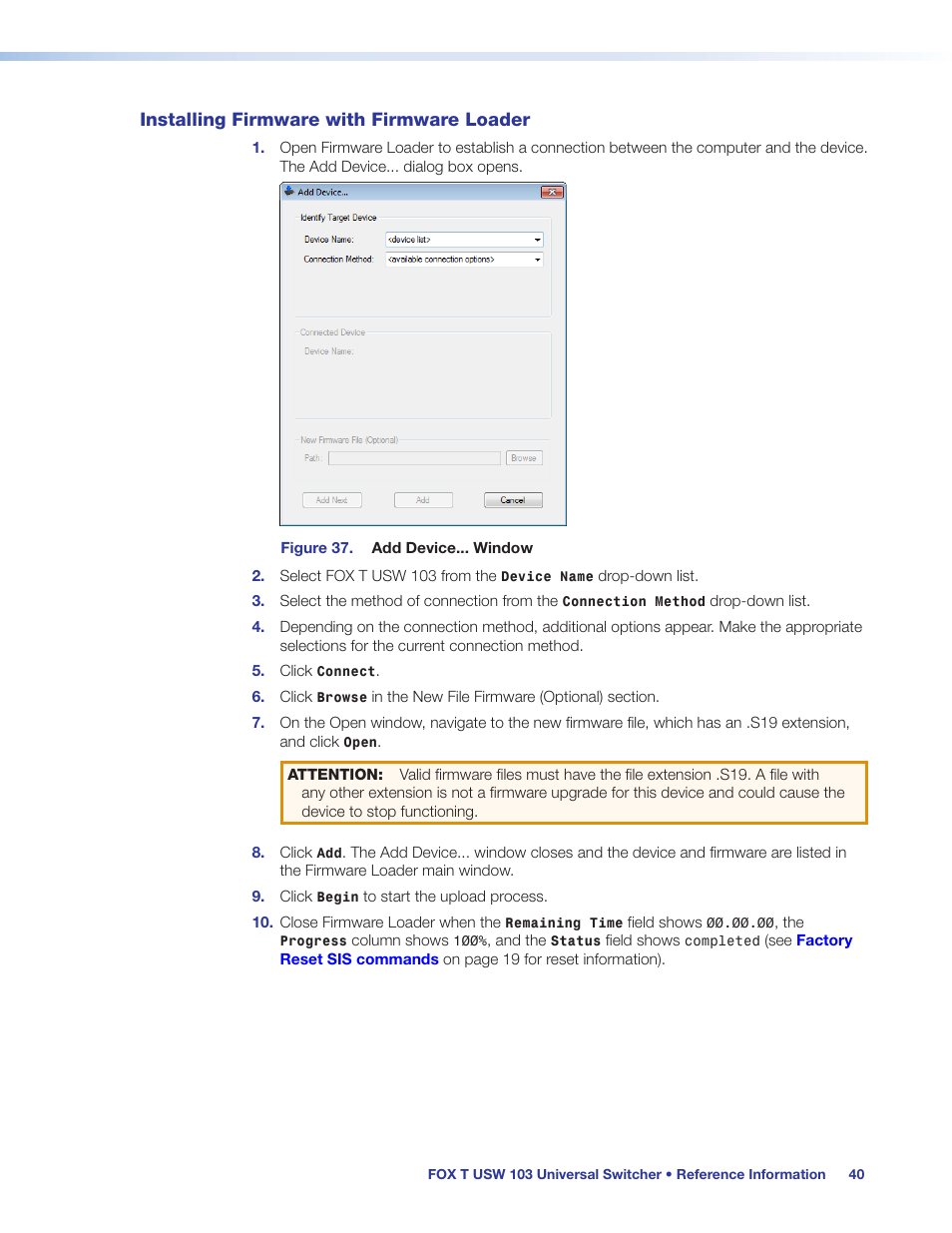 Installing firmware with firmware loader | Extron Electronics FOX T USW 103 User Guide User Manual | Page 46 / 47