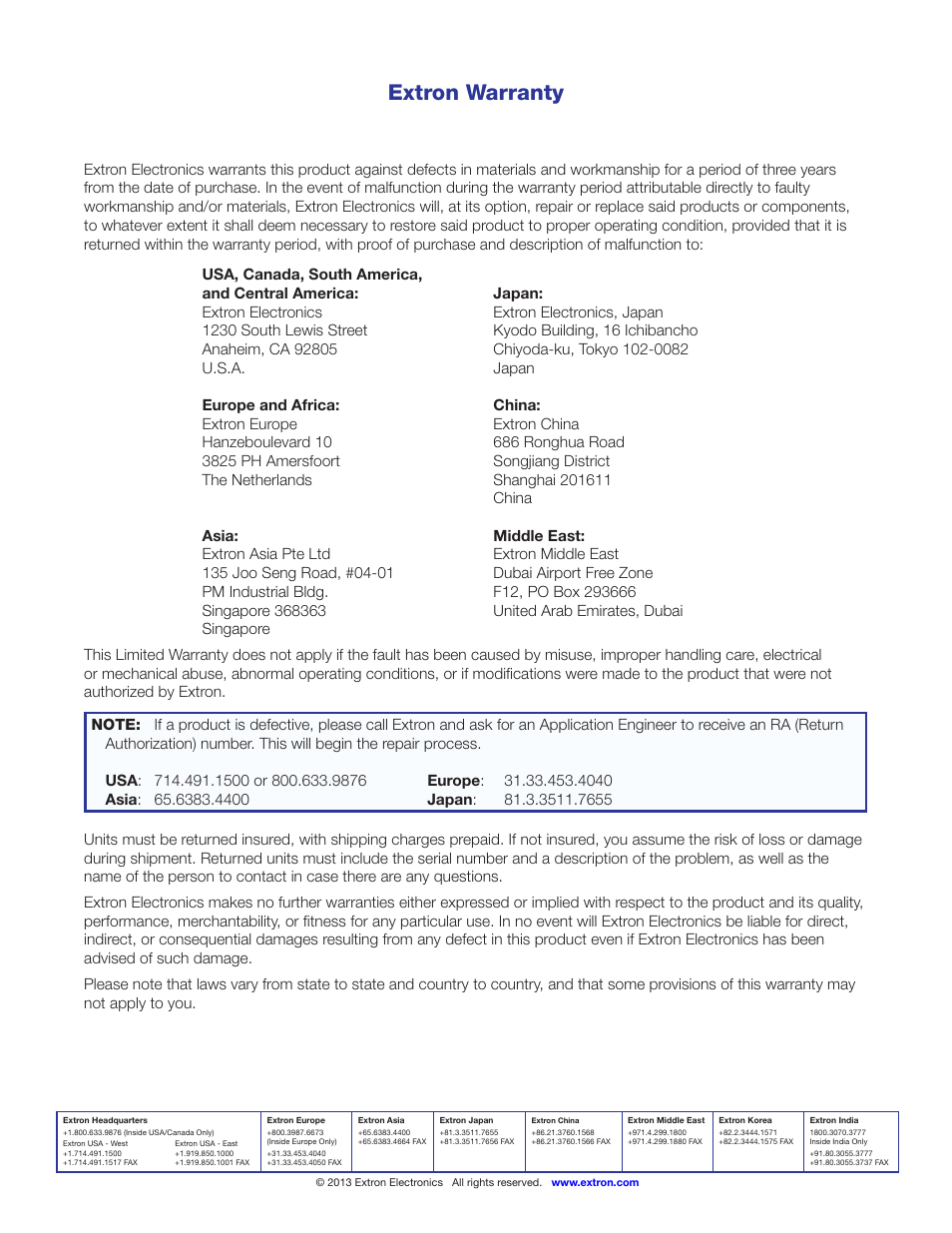 Extron warranty, Contact information extron warranty | Extron Electronics FOX T USW 103 User Guide User Manual | Page 47 / 47