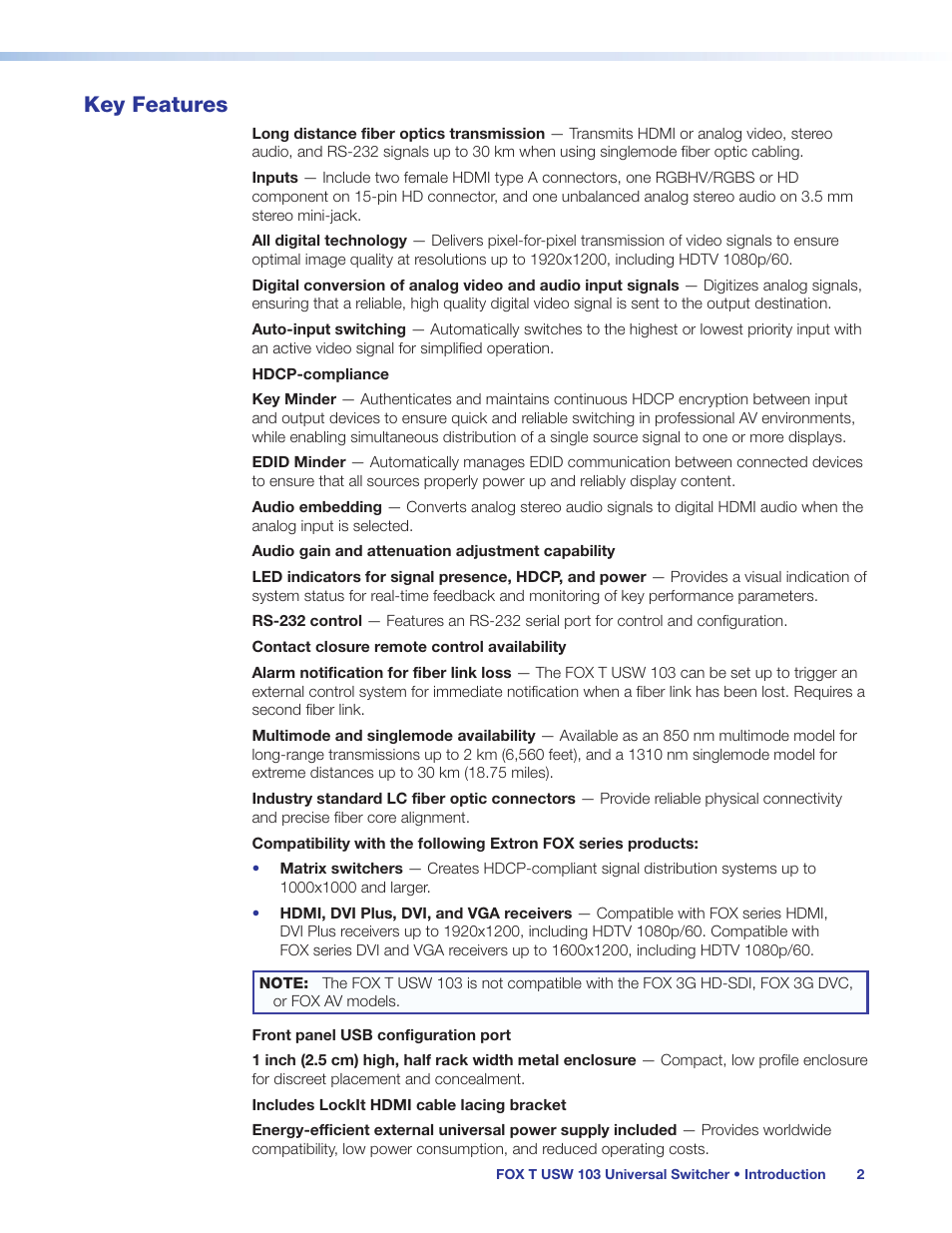 Key features | Extron Electronics FOX T USW 103 User Guide User Manual | Page 8 / 47