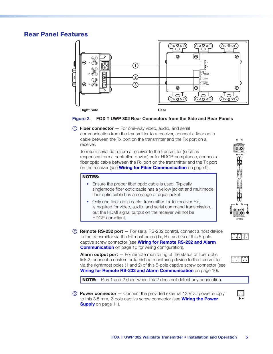 Rear panel features, Ear panel connectors (see, A b c | Extron Electronics FOX T UWP 302 User Guide User Manual | Page 11 / 47