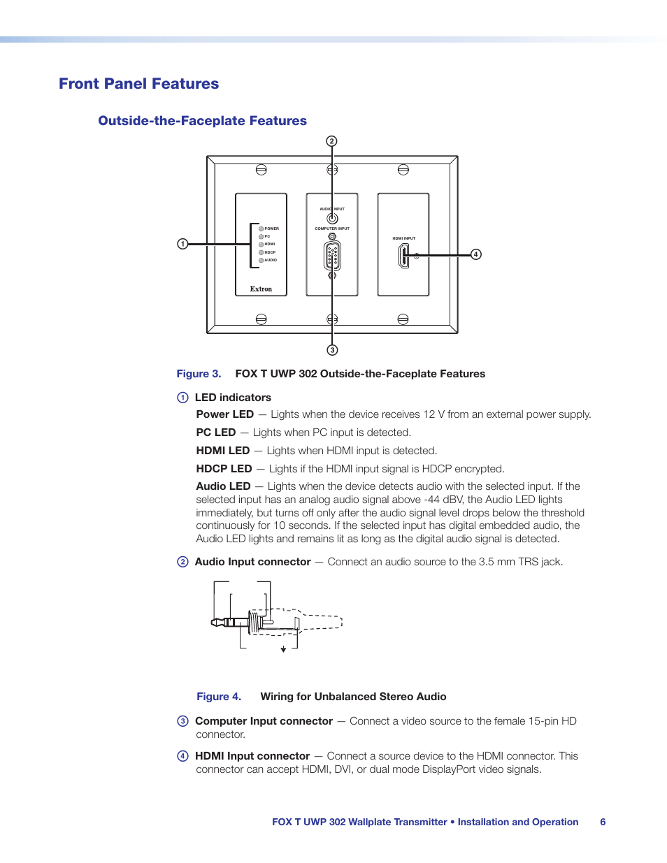 Front panel features, Outside-the-faceplate features, Bd c a | Extron Electronics FOX T UWP 302 User Guide User Manual | Page 12 / 47