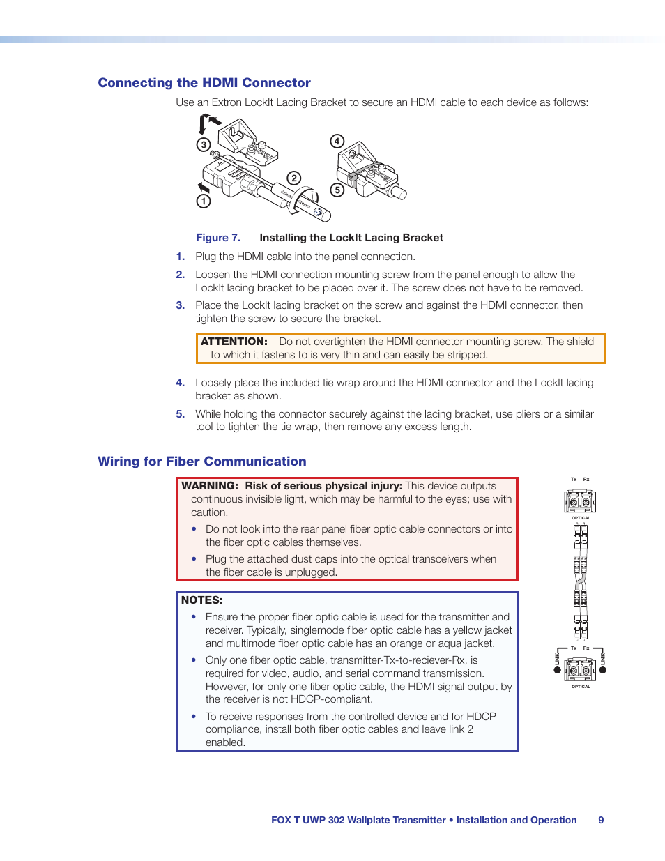 Connecting the hdmi connector, Wiring for fiber communication, Eceiver (see | Ab c d e | Extron Electronics FOX T UWP 302 User Guide User Manual | Page 15 / 47