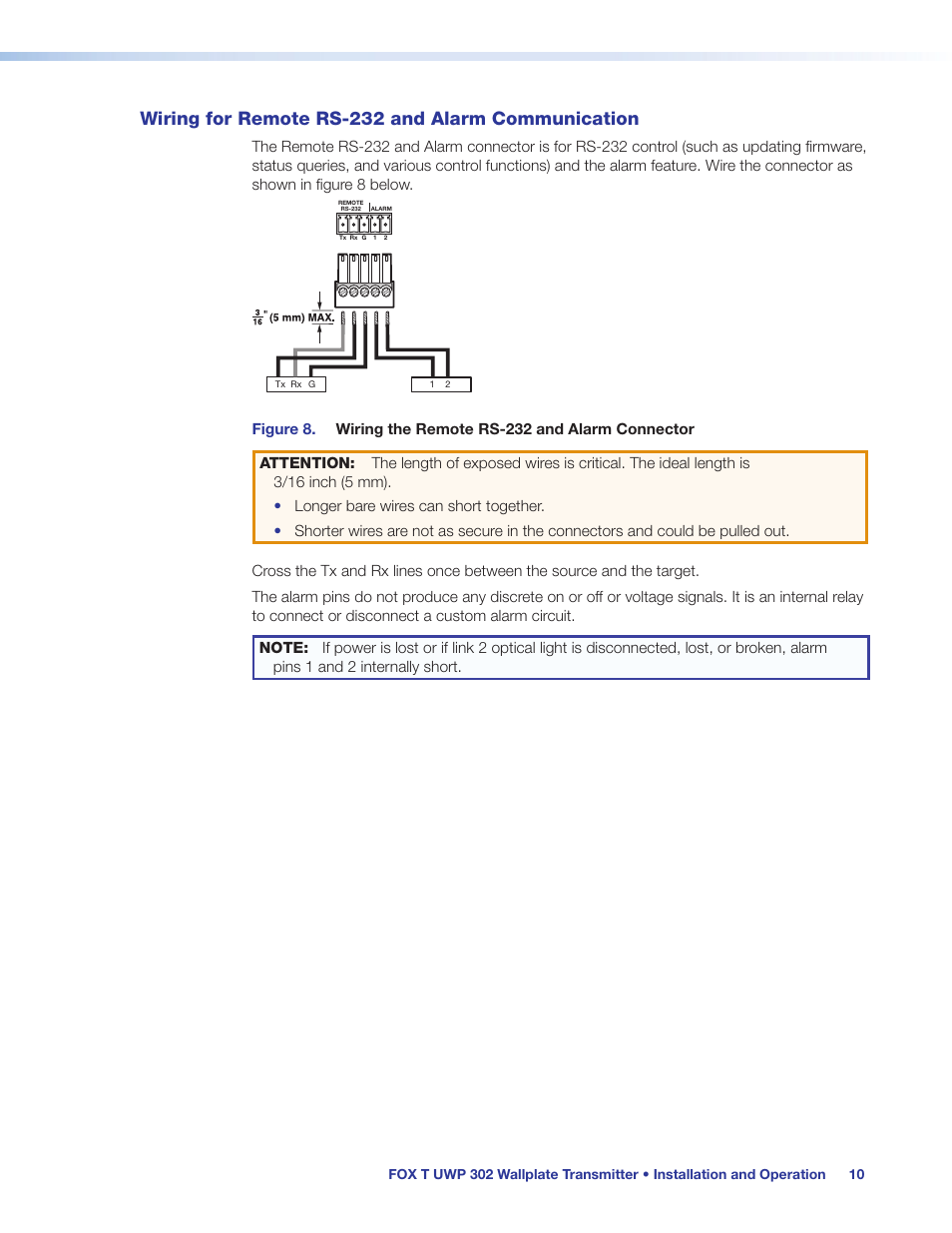 Wiring for remote rs-232 and alarm communication, Wiring for remote rs-232 and alarm, Communication | Ew connector (see | Extron Electronics FOX T UWP 302 User Guide User Manual | Page 16 / 47