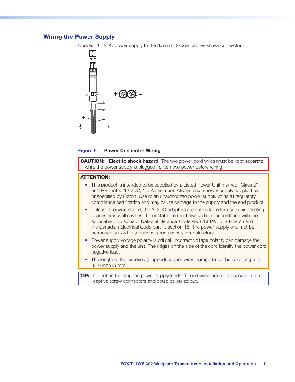 Wiring the power supply, Ew connector (see, Wiring the power | Supply | Extron Electronics FOX T UWP 302 User Guide User Manual | Page 17 / 47