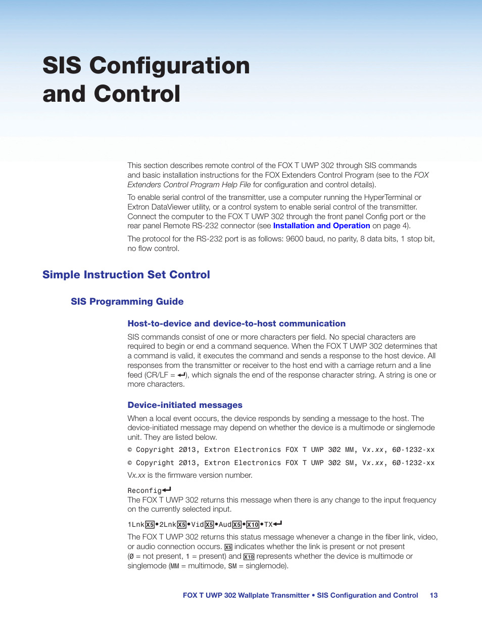 Sis configuration and control, Simple instruction set control, Sis programming guide | E the fox t uwp 302 with sis commands (see, Simple instruction set, Control | Extron Electronics FOX T UWP 302 User Guide User Manual | Page 19 / 47