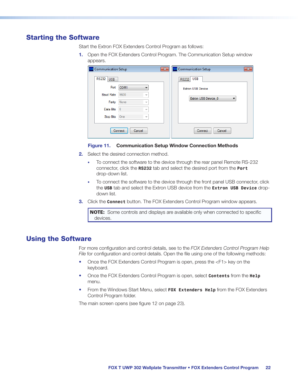 Starting the software, Using the software, Starting the software using the software | Extron Electronics FOX T UWP 302 User Guide User Manual | Page 28 / 47