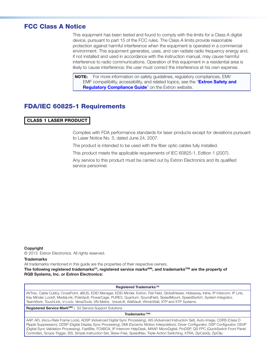 Fcc class, Fda/iec 60825-1 requirements, Fcc class a notice | Extron Electronics FOX T UWP 302 User Guide User Manual | Page 3 / 47