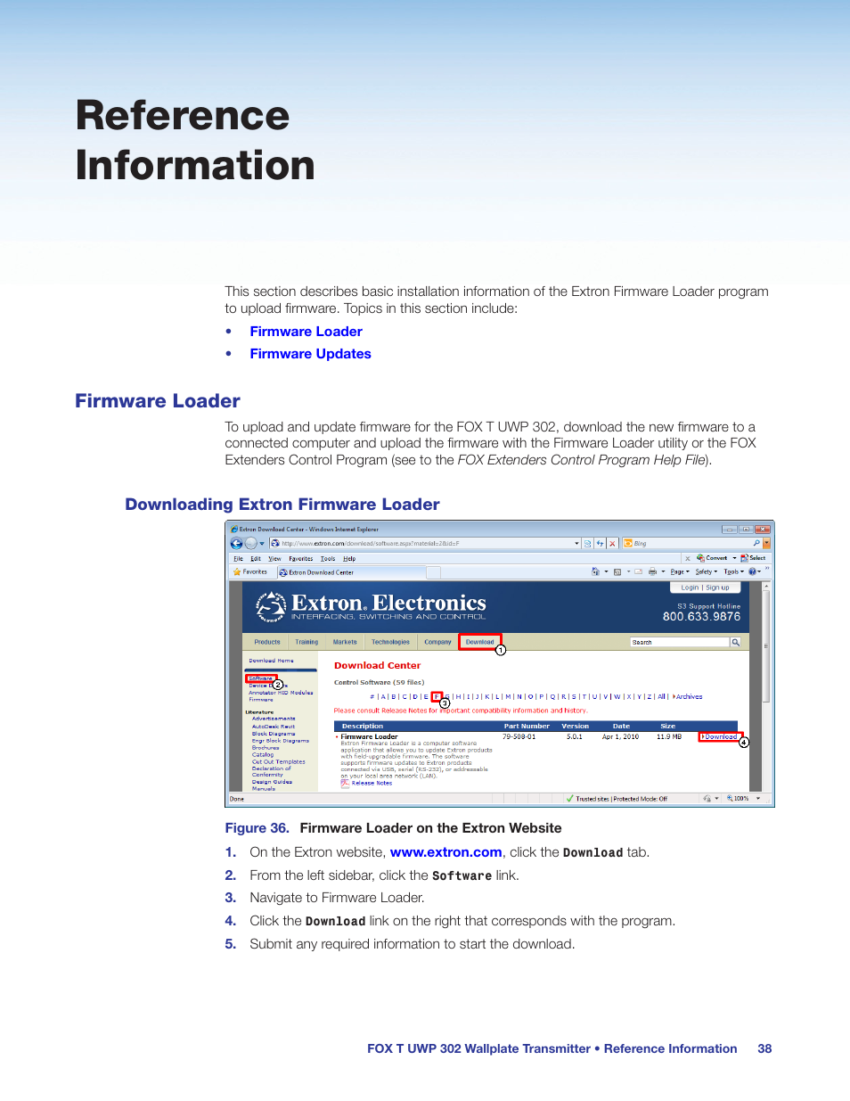 Reference information, Firmware loader, Downloading extron firmware loader | Extron Electronics FOX T UWP 302 User Guide User Manual | Page 44 / 47