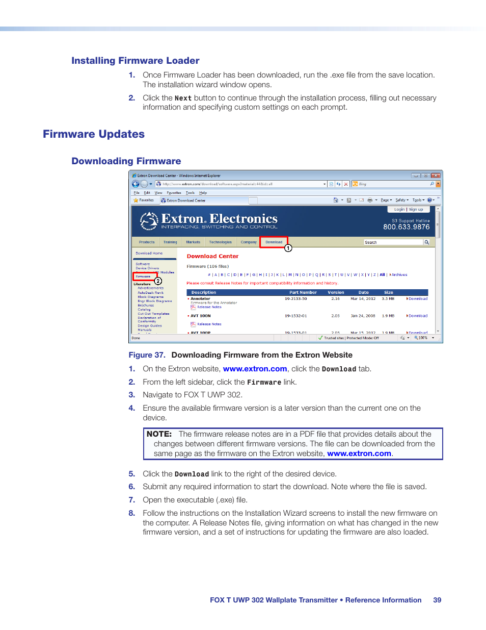 Installing firmware loader, Firmware updates, Downloading firmware | E files have a .s19 file extension (see | Extron Electronics FOX T UWP 302 User Guide User Manual | Page 45 / 47