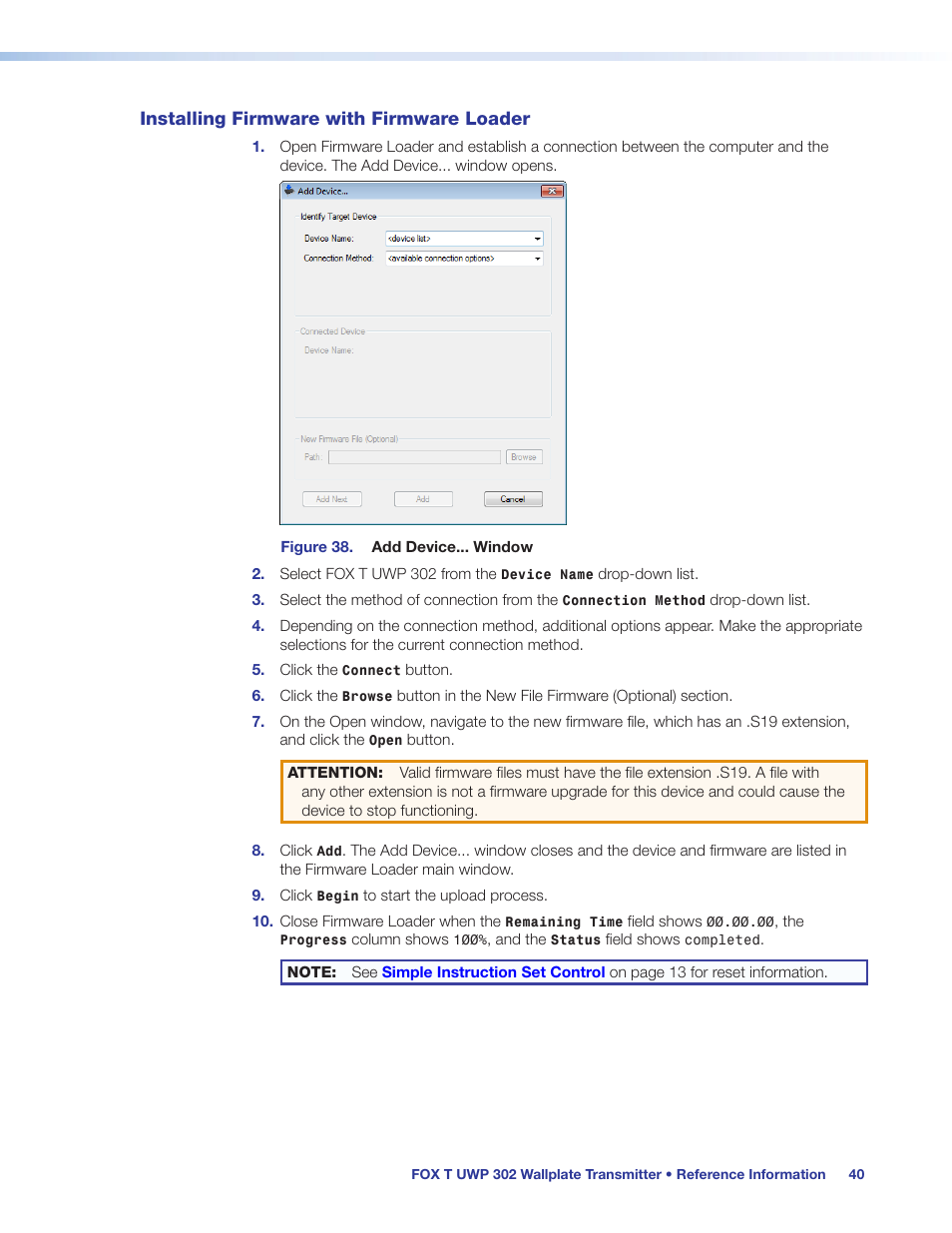 Installing firmware with firmware loader | Extron Electronics FOX T UWP 302 User Guide User Manual | Page 46 / 47