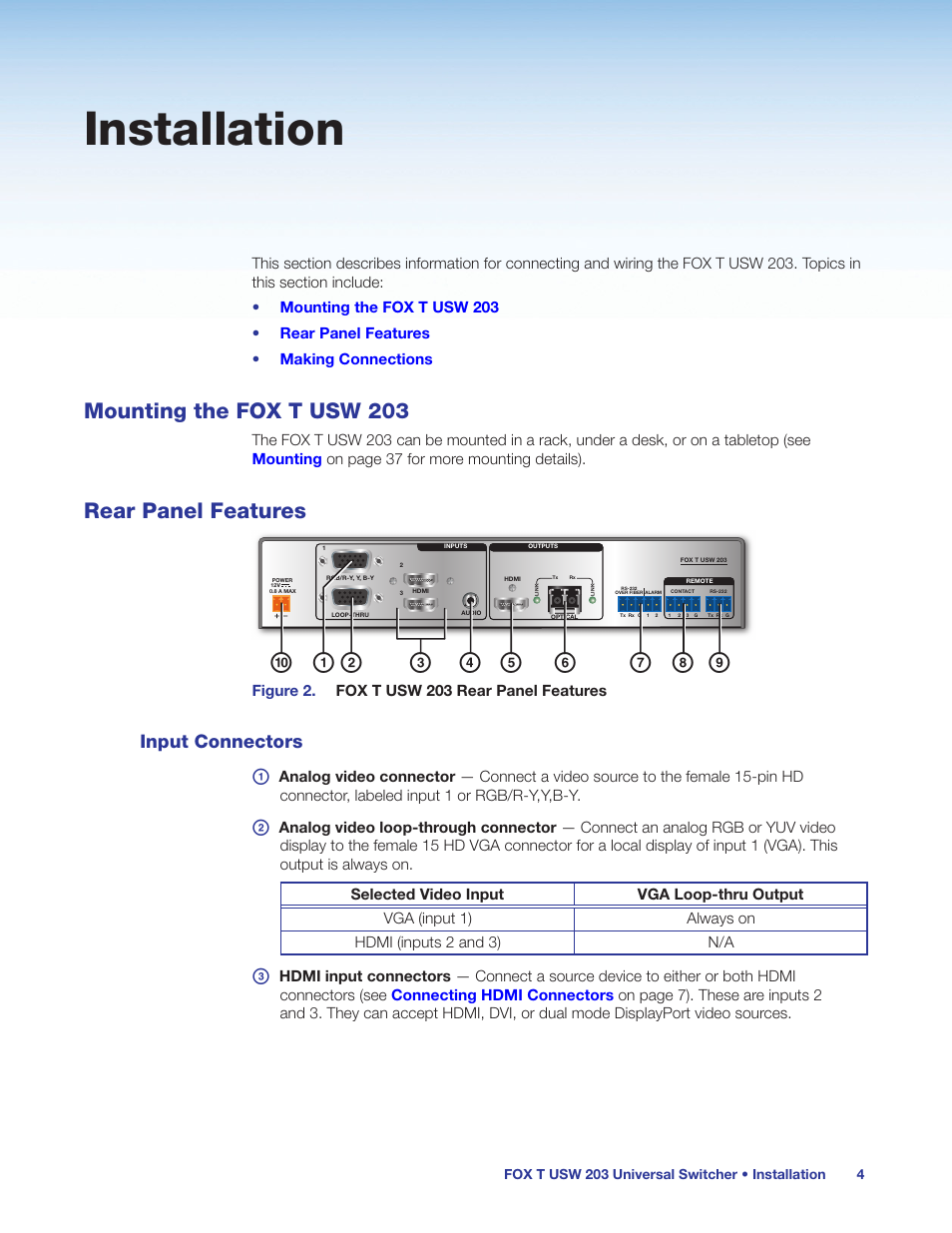 Installation, Mounting the fox t usw 203, Rear panel features | Input connectors, Mounting the fox t usw 203 rear panel features | Extron Electronics FOX T USW 203 User Guide User Manual | Page 10 / 47