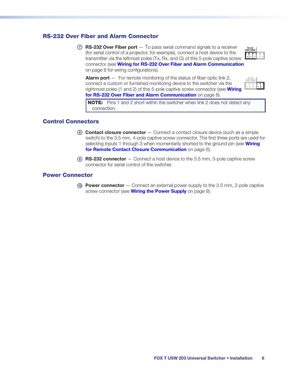 Rs-232 over fiber and alarm connector, Control connectors, Power connector | Extron Electronics FOX T USW 203 User Guide User Manual | Page 12 / 47