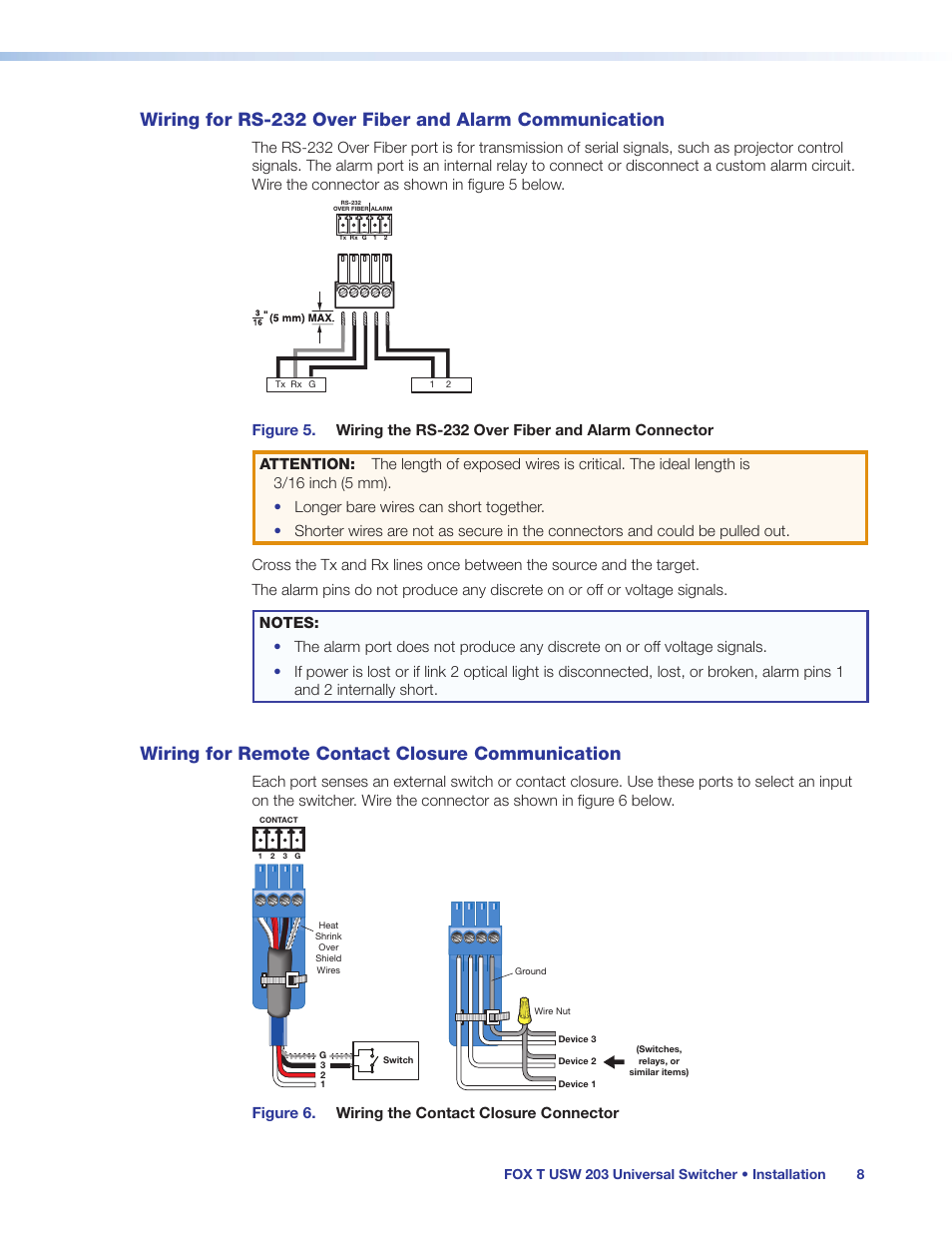 Wiring for remote contact closure communication, Wiring for rs-232 over fiber and alarm, Communication | Wiring for remote contact closure, Ew connector (see, Wiring, For rs-232 over fiber and alarm communication, For remote contact closure communication, Figure 6. wiring the contact closure connector | Extron Electronics FOX T USW 203 User Guide User Manual | Page 14 / 47