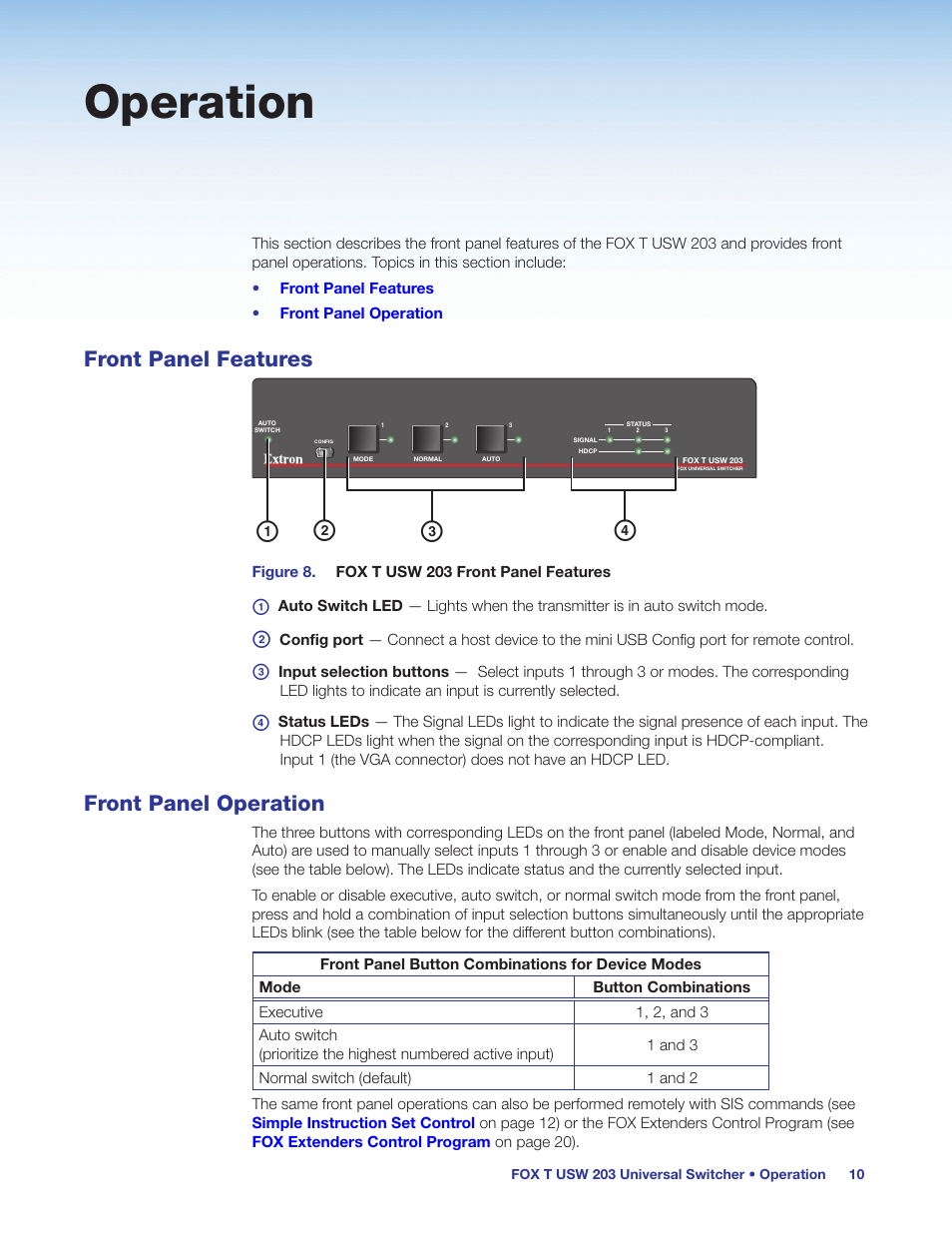Operation, Front panel features, Front panel operation | Front panel features front panel operation, Cd a b | Extron Electronics FOX T USW 203 User Guide User Manual | Page 16 / 47