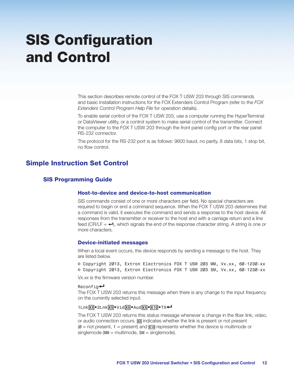 Sis configuration and control, Simple instruction set control, Sis programming guide | Simple instruction set (sis) commands (see | Extron Electronics FOX T USW 203 User Guide User Manual | Page 18 / 47