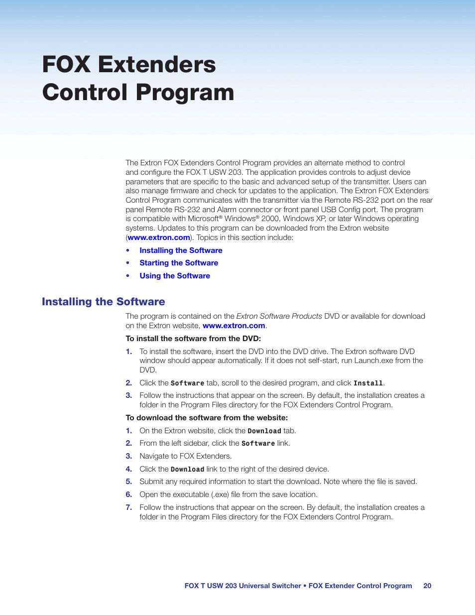 Fox extenders control program, Installing the software | Extron Electronics FOX T USW 203 User Guide User Manual | Page 26 / 47