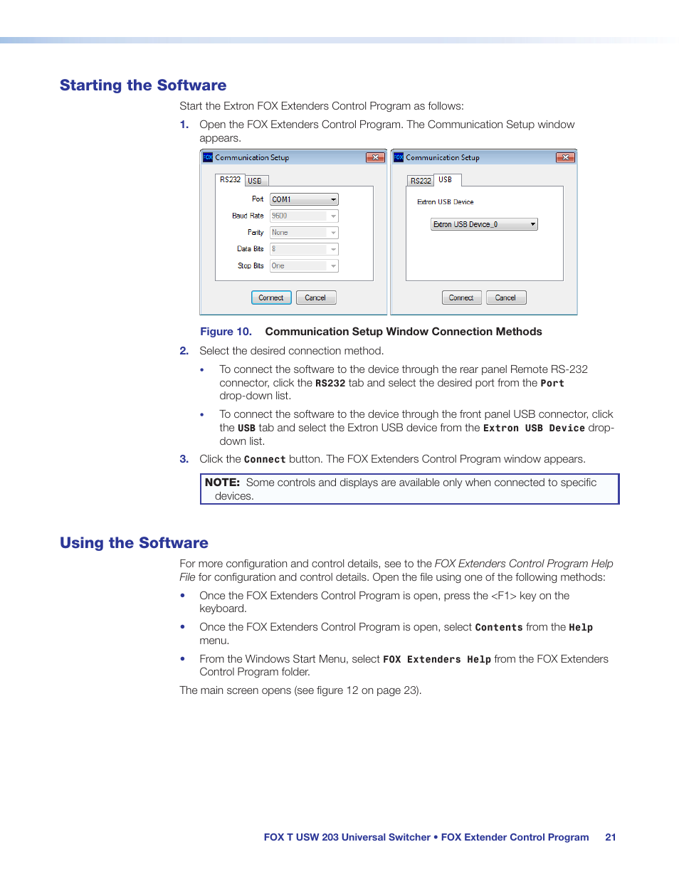 Starting the software, Using the software, Starting the software using the software | Extron Electronics FOX T USW 203 User Guide User Manual | Page 27 / 47