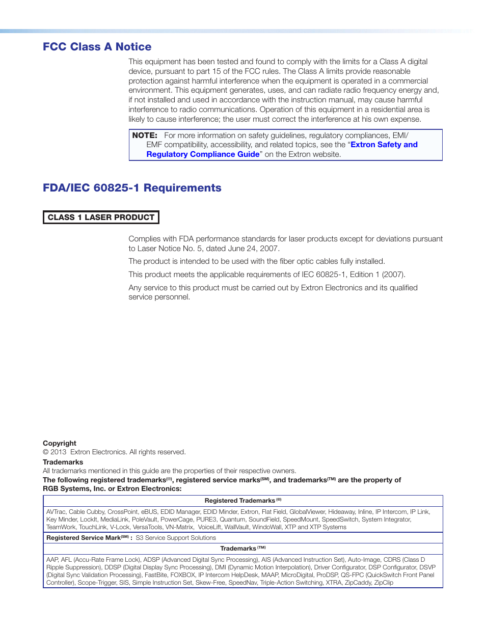 Fcc class, Fda/iec 60825-1 requirements, Fcc class a notice | Extron Electronics FOX T USW 203 User Guide User Manual | Page 3 / 47