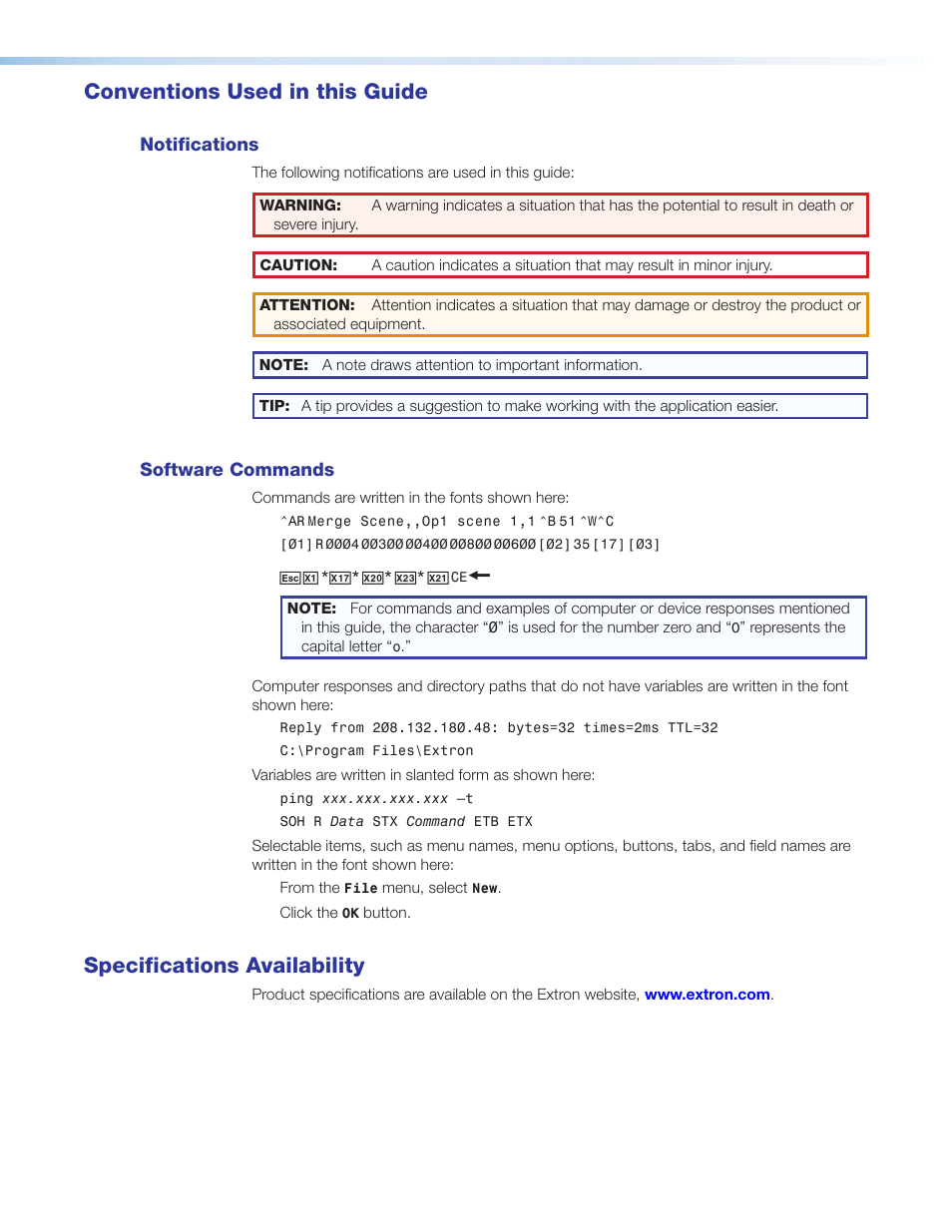 Conventions used in this guide, Notifications, Software commands | Specifications availability | Extron Electronics FOX T USW 203 User Guide User Manual | Page 4 / 47