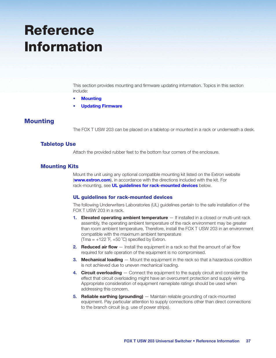 Reference information, Mounting, Tabletop use | Mounting kits, Tabletop use mounting kits | Extron Electronics FOX T USW 203 User Guide User Manual | Page 43 / 47