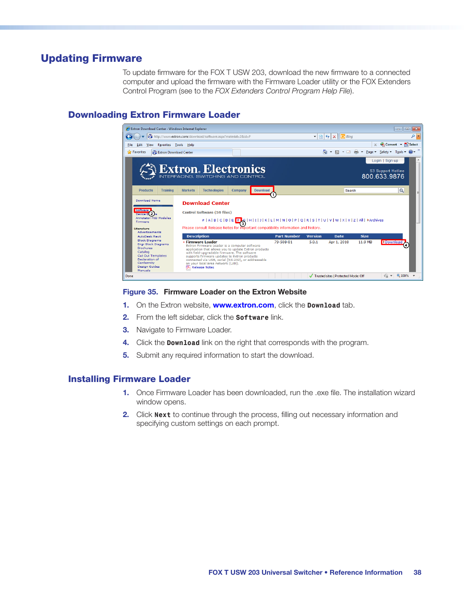 Updating firmware, Downloading extron firmware loader, Installing firmware loader | Extron Electronics FOX T USW 203 User Guide User Manual | Page 44 / 47