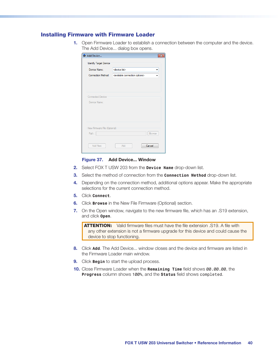 Installing firmware with firmware loader | Extron Electronics FOX T USW 203 User Guide User Manual | Page 46 / 47