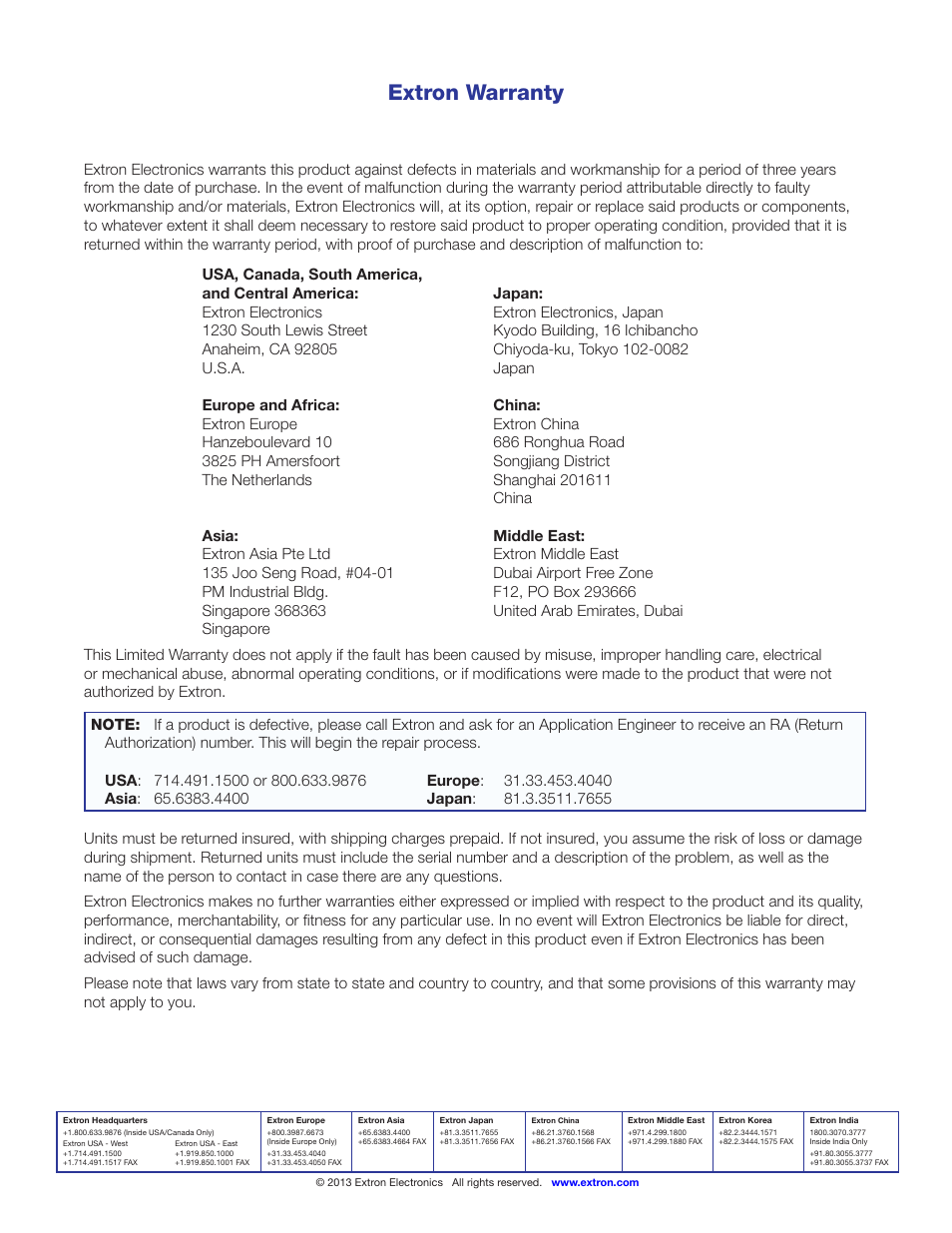 Extron warranty, Contact information extron warranty | Extron Electronics FOX T USW 203 User Guide User Manual | Page 47 / 47