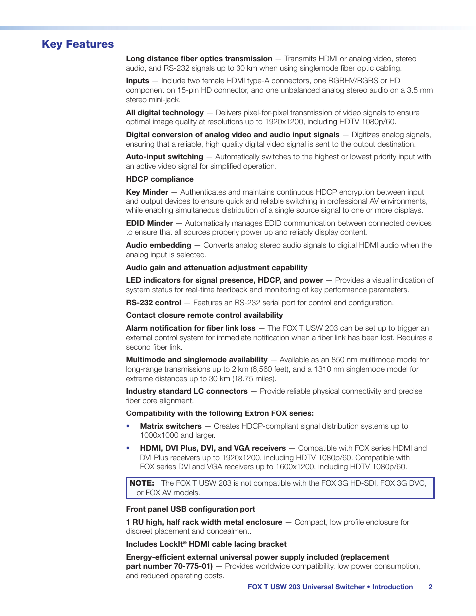 Key features | Extron Electronics FOX T USW 203 User Guide User Manual | Page 8 / 47