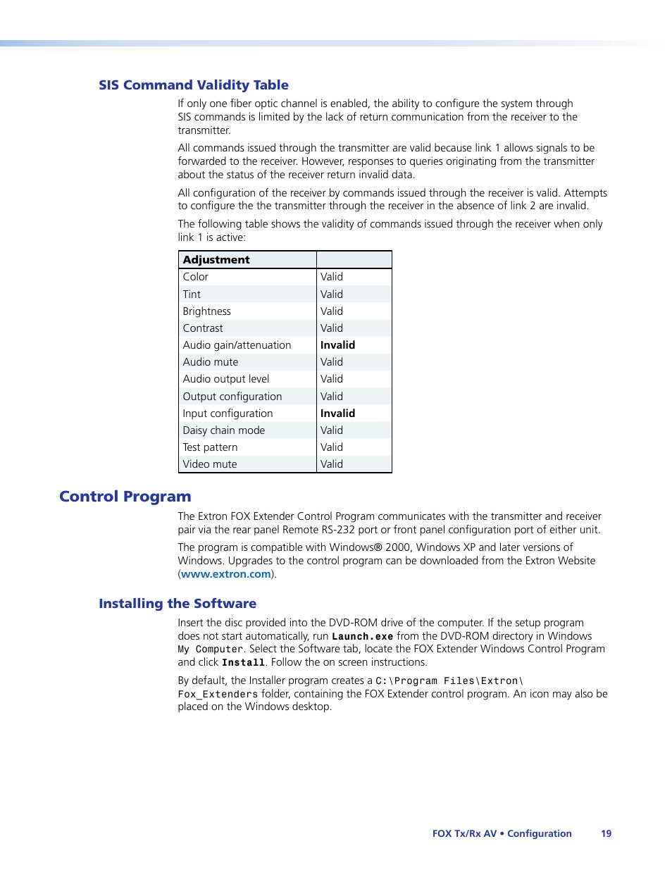 Sis command validity table, Control program, Installing the software | Fox extender control program | Extron Electronics Fox Tx_Rx AV User Guide User Manual | Page 25 / 38