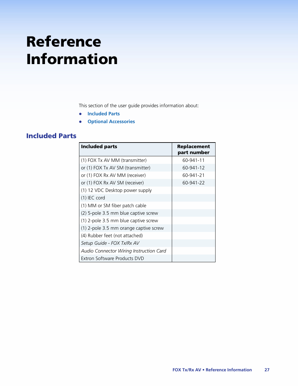 Reference information, Included parts | Extron Electronics Fox Tx_Rx AV User Guide User Manual | Page 33 / 38