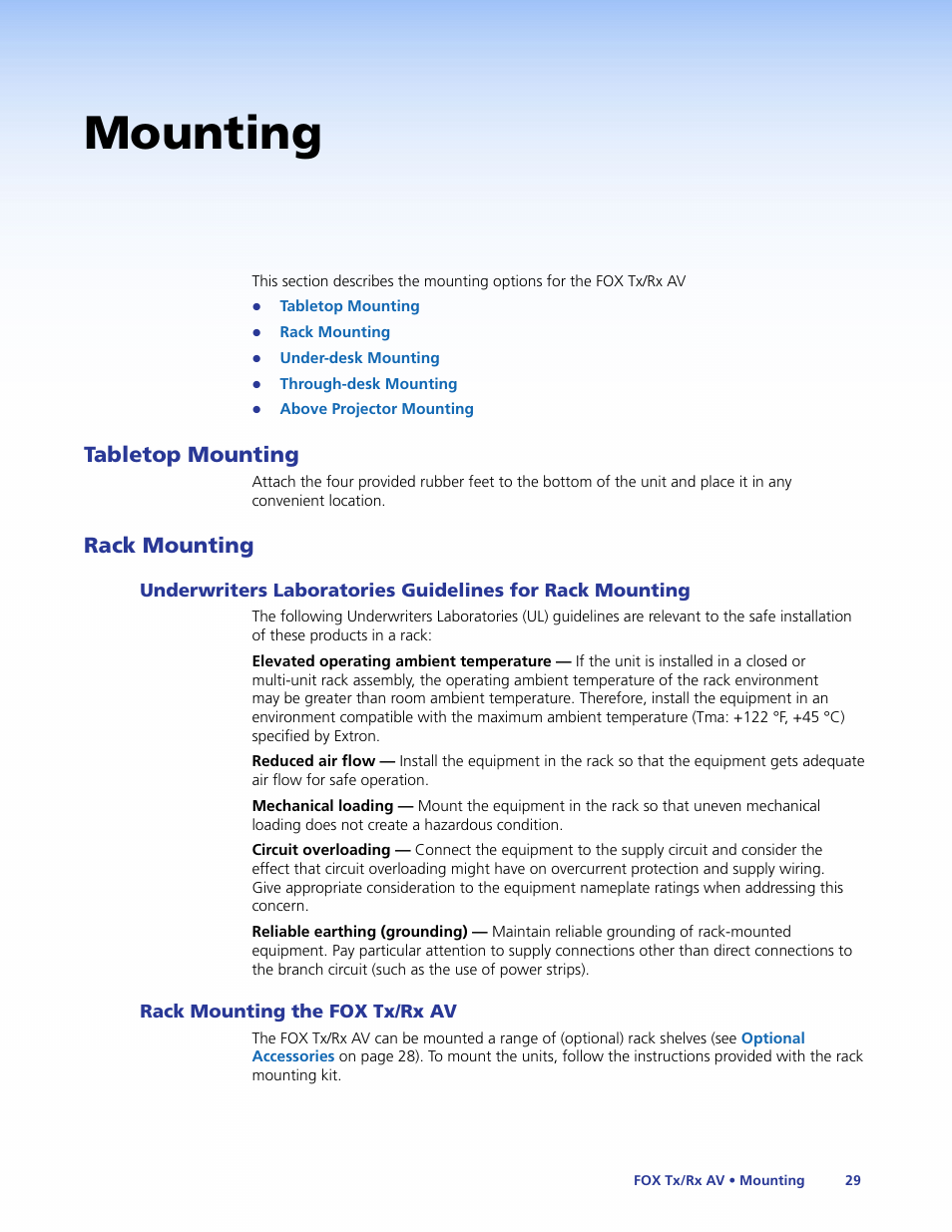 Mounting, Tabletop mounting, Rack mounting | Rack mounting the fox tx/rx av, Tabletop mounting rack mounting, Underwriters laboratories guidelines for | Extron Electronics Fox Tx_Rx AV User Guide User Manual | Page 35 / 38