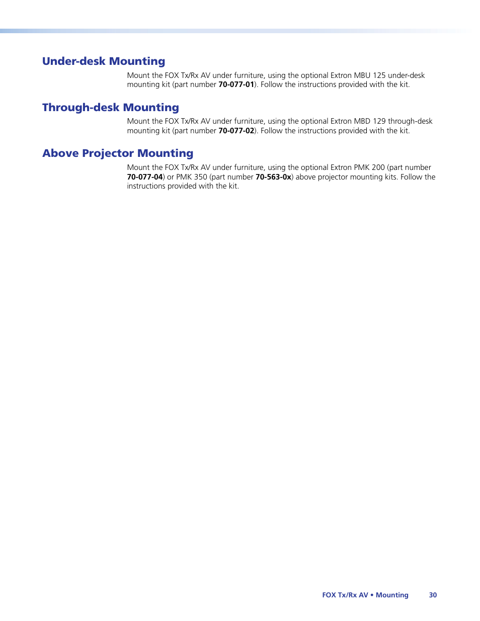 Under-desk mounting, Through-desk mounting, Above projector mounting | Extron Electronics Fox Tx_Rx AV User Guide User Manual | Page 36 / 38
