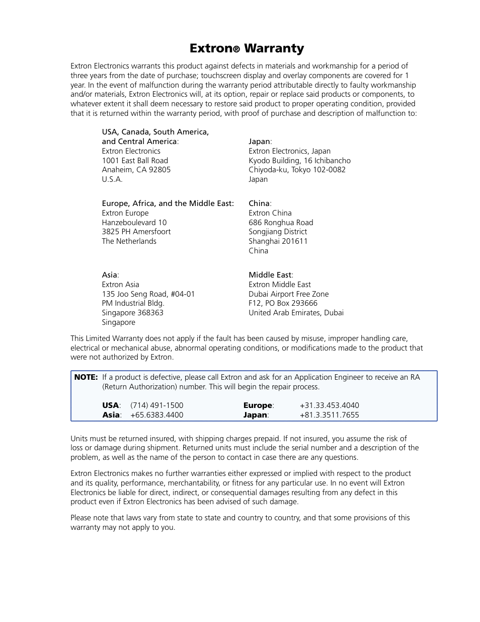 1466_01_revb_fox_txrx_av_rear, Extron, Warranty | Extron Electronics Fox Tx_Rx AV User Guide User Manual | Page 37 / 38