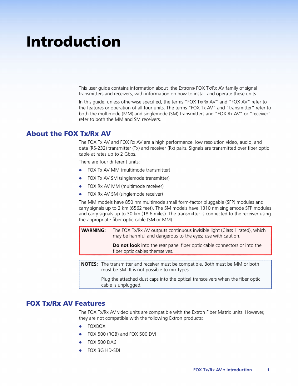 Introduction, About the fox tx/rx av, Fox tx/rx av features | About the fox tx/rx av fox tx/rx av features | Extron Electronics Fox Tx_Rx AV User Guide User Manual | Page 7 / 38