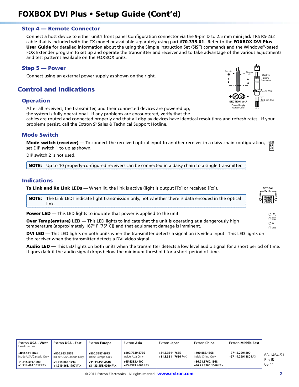 Foxbox dvi plus • setup guide (cont’d), Control and indications, Step 4 — remote connector | Step 5 — power, Operation, Mode switch, Indications | Extron Electronics FOXBOX DVI Plus User Manual | Page 2 / 2