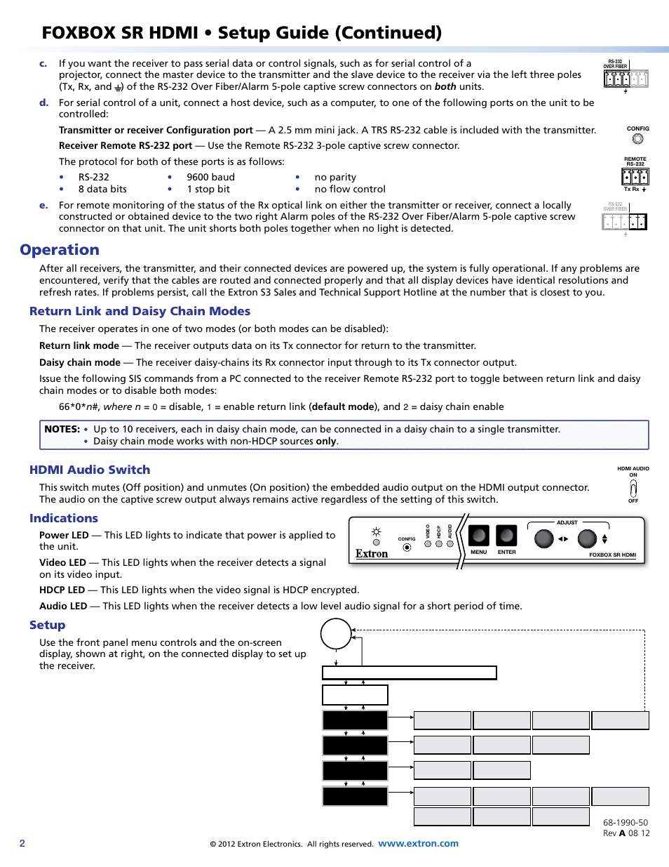 Set each receiver to daisy chain mode. see, Return link, And daisy chain modes | Foxbox sr hdmi • setup guide (continued), Operation, Return link and daisy chain modes, Hdmi audio switch, Indications, Setup | Extron Electronics FOXBOX SR HDMI Setup Guide User Manual | Page 2 / 2