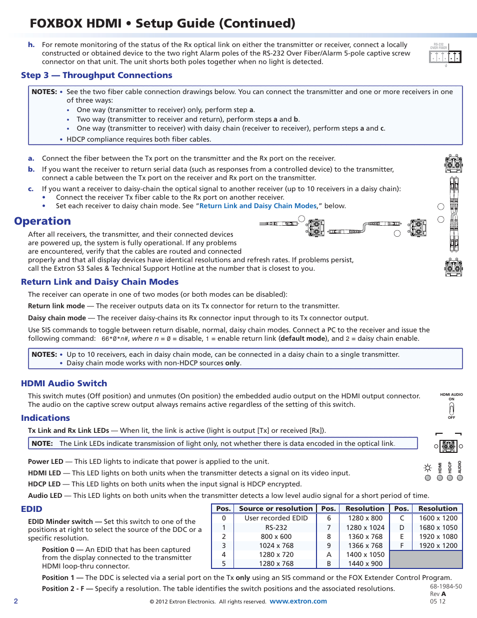 Step 3b, Return link and daisy chain modes, Foxbox hdmi • setup guide (continued) | Operation, Step 3 — throughput connections, Hdmi audio switch, Indications, Edid | Extron Electronics FOXBOX HDMI Setup Guide User Manual | Page 2 / 2