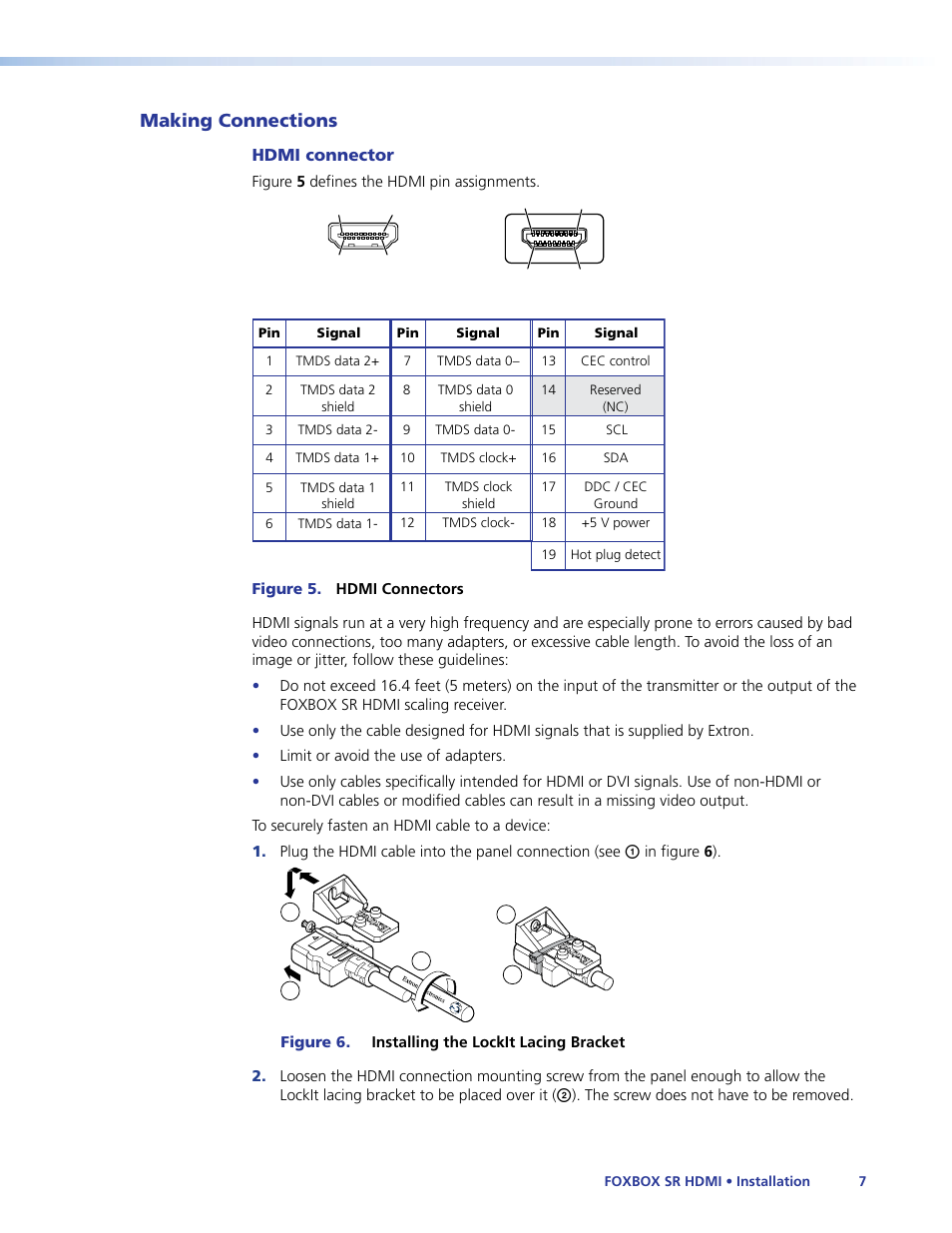 Making connections, Hdmi connector | Extron Electronics FOXBOX SR HDMI User Guide User Manual | Page 13 / 45