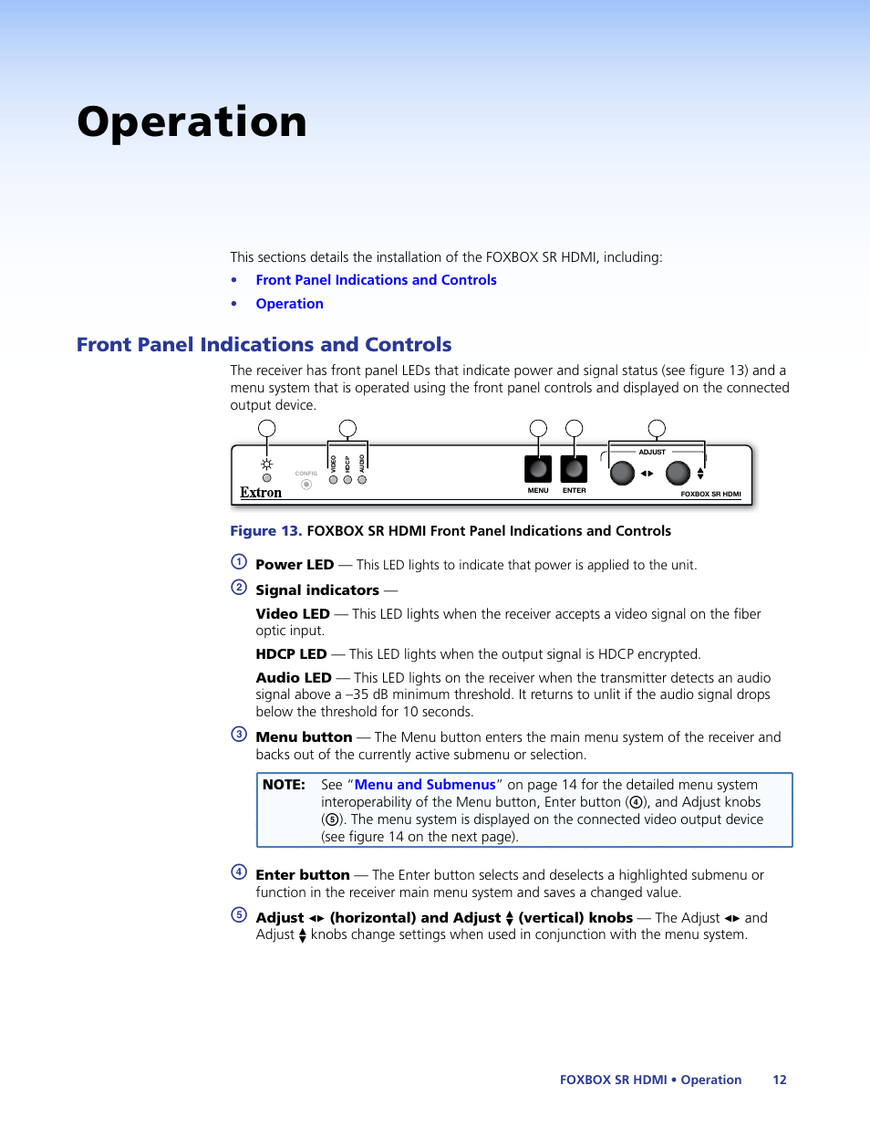 Operation, Front panel indications and controls | Extron Electronics FOXBOX SR HDMI User Guide User Manual | Page 18 / 45