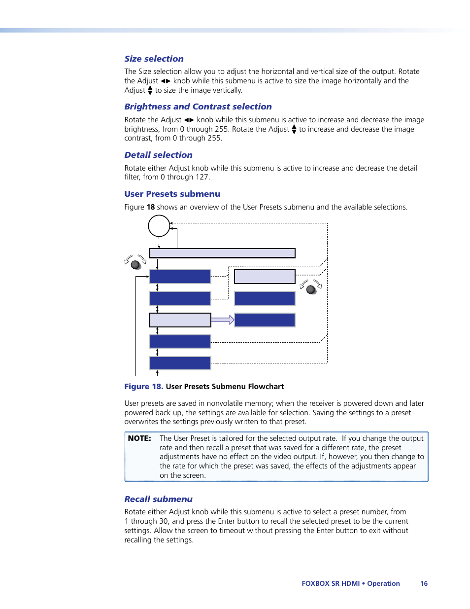 Size selection, Brightness and contrast selection, Detail selection | User presets submenu, Recall submenu | Extron Electronics FOXBOX SR HDMI User Guide User Manual | Page 22 / 45