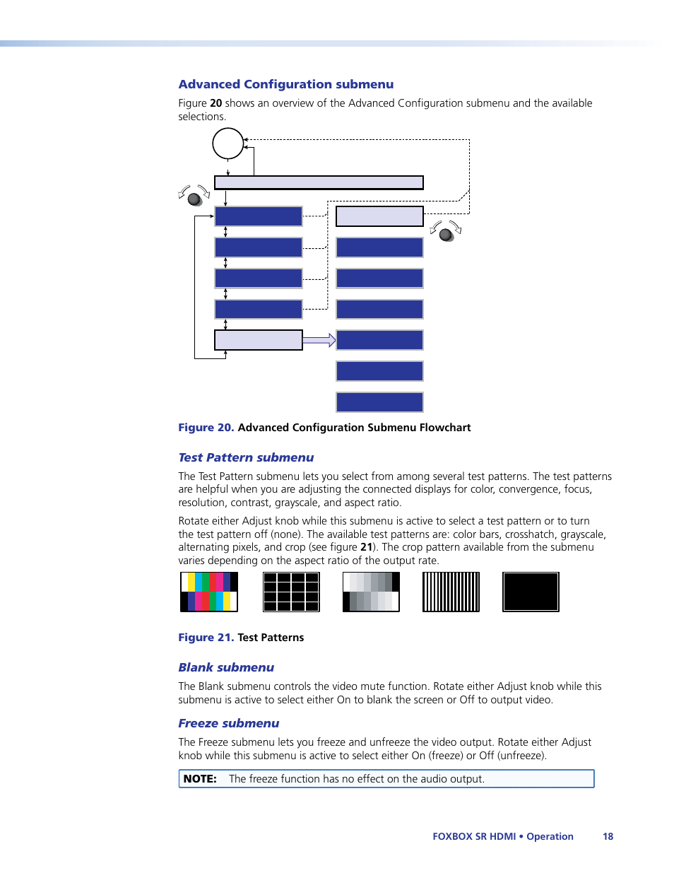 Advanced configuration submenu, Test pattern submenu, Blank submenu | Freeze submenu | Extron Electronics FOXBOX SR HDMI User Guide User Manual | Page 24 / 45