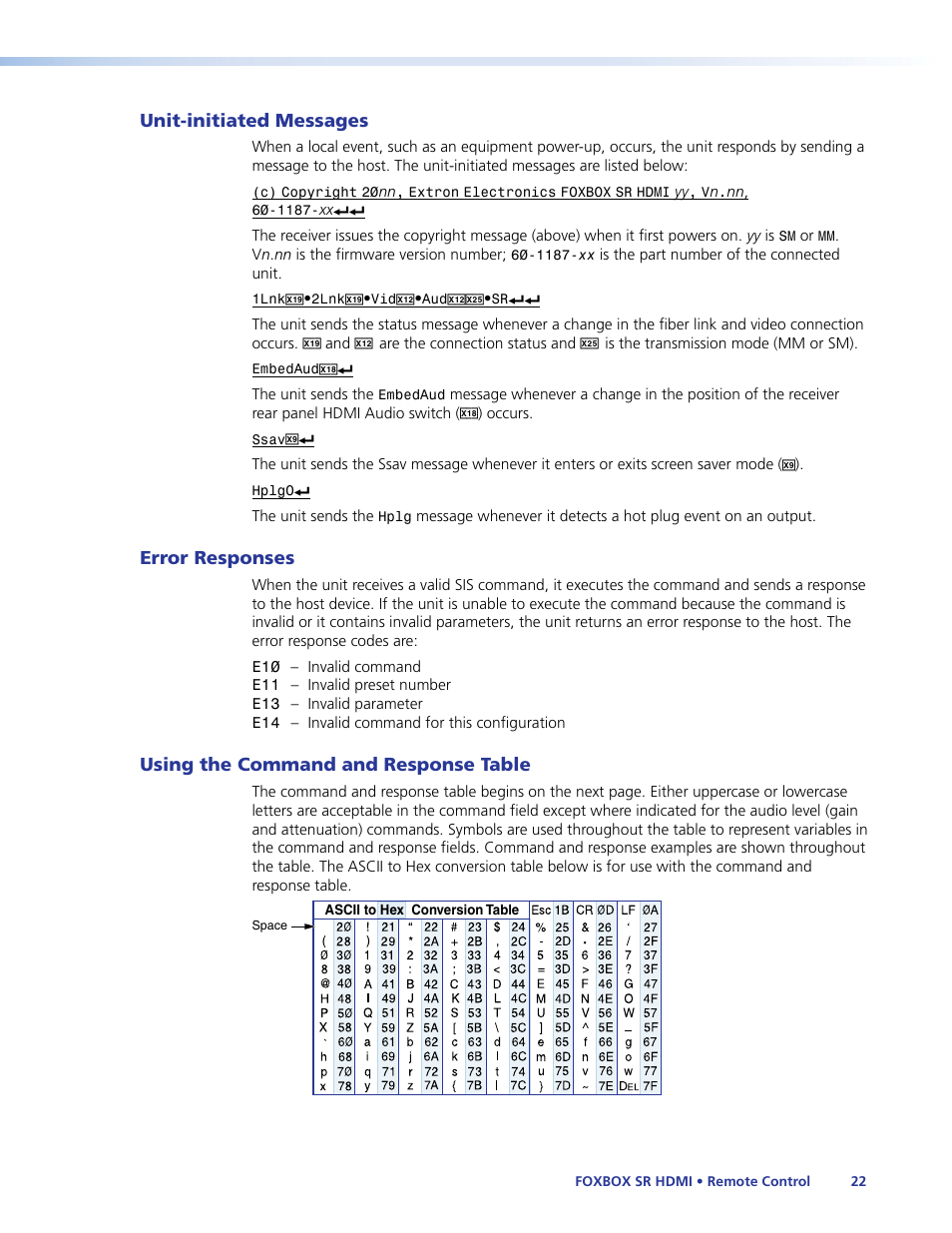 Unit-initiated messages, Error responses, Using the command/response tables | Extron Electronics FOXBOX SR HDMI User Guide User Manual | Page 28 / 45