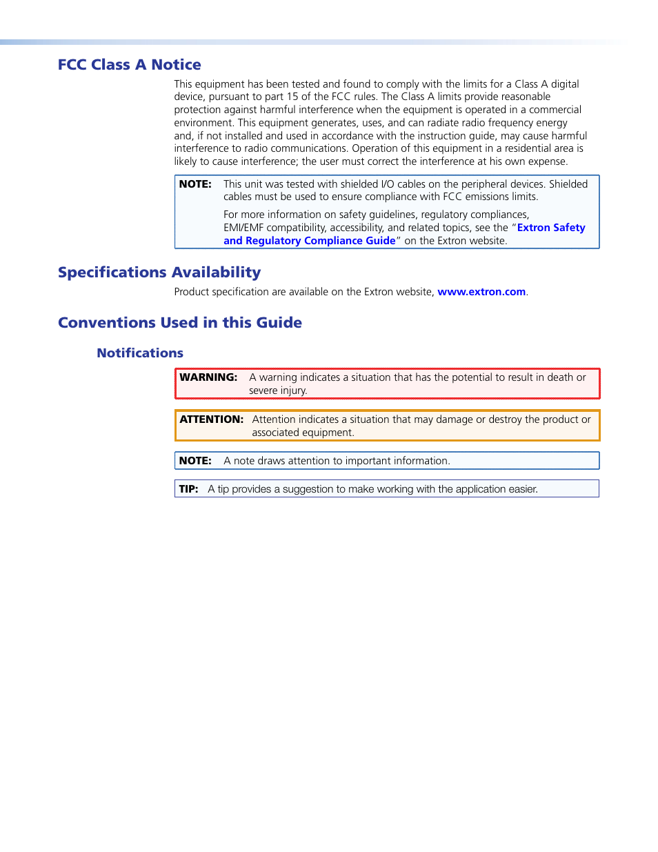 Fcc class a notice, Specifications availability, Conventions used in this guide | Extron Electronics FOXBOX SR HDMI User Guide User Manual | Page 3 / 45