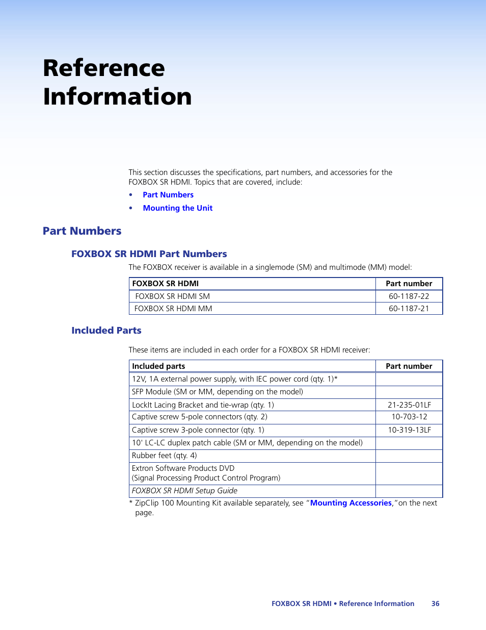 Reference information, Part numbers, Foxbox sr hdmi part numbers | Included parts, Foxbox sr hdmi part numbers included parts | Extron Electronics FOXBOX SR HDMI User Guide User Manual | Page 42 / 45