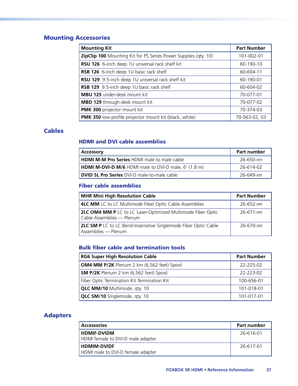 Mounting accessories, Cables, Adapters | Mounting accessories cables adapters | Extron Electronics FOXBOX SR HDMI User Guide User Manual | Page 43 / 45