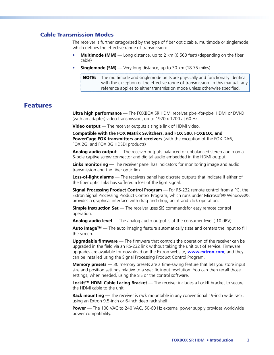 Cable transmission modes, Features | Extron Electronics FOXBOX SR HDMI User Guide User Manual | Page 9 / 45