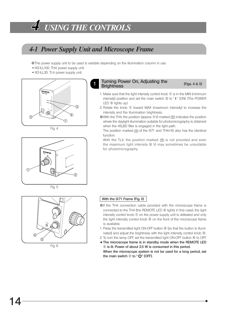 Using the controls, 1 power supply unit and microscope frame | Olympus IX71 User Manual | Page 18 / 76