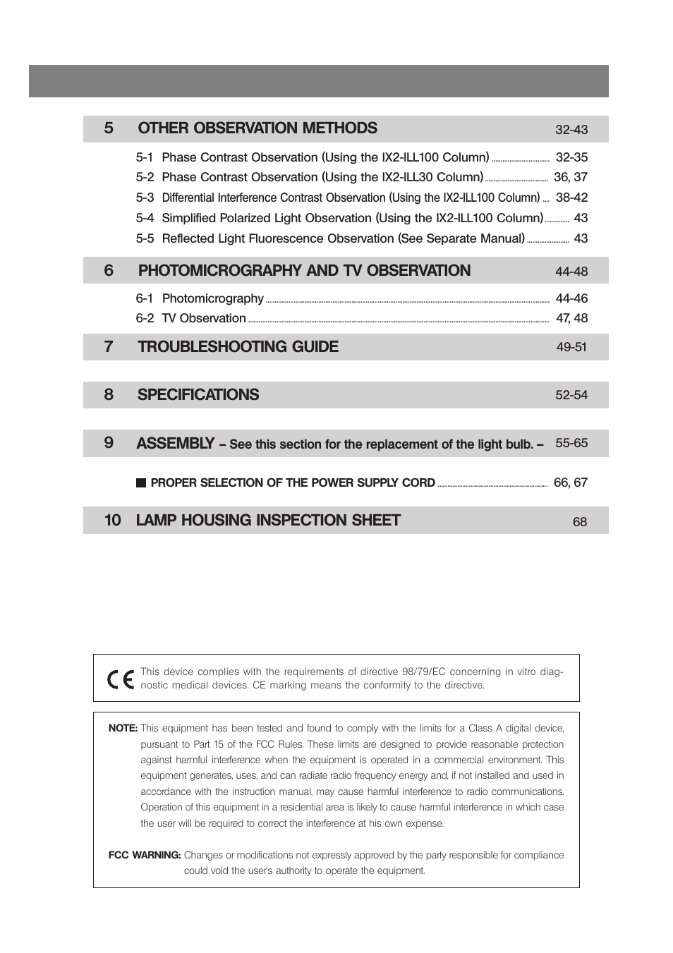 6 photomicrography and tv observation, Assembly, 10 lamp housing inspection sheet | Olympus IX71 User Manual | Page 4 / 76