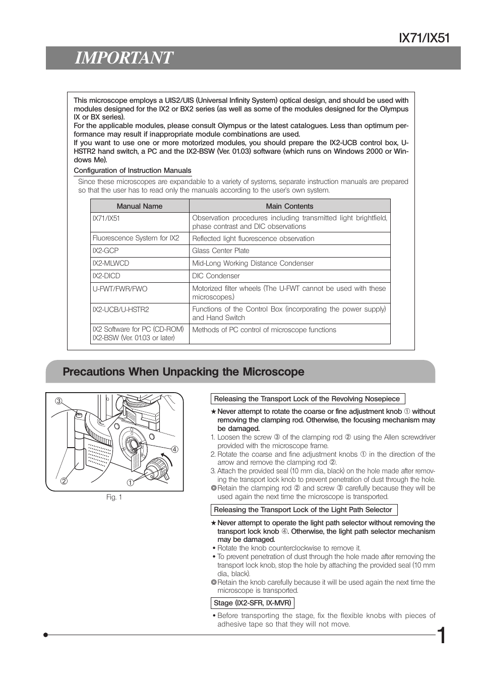 Important, Ix71/ix51, Precautions when unpacking the microscope | Olympus IX71 User Manual | Page 5 / 76